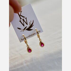 July Birthstone Huggie Earrings – Ruby Teardrop Charm on Gold Plated Hoops